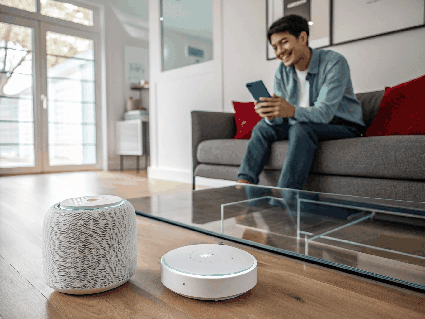 xiongge smart speaker displayed in minimalist living room with warm wood and raw concrete